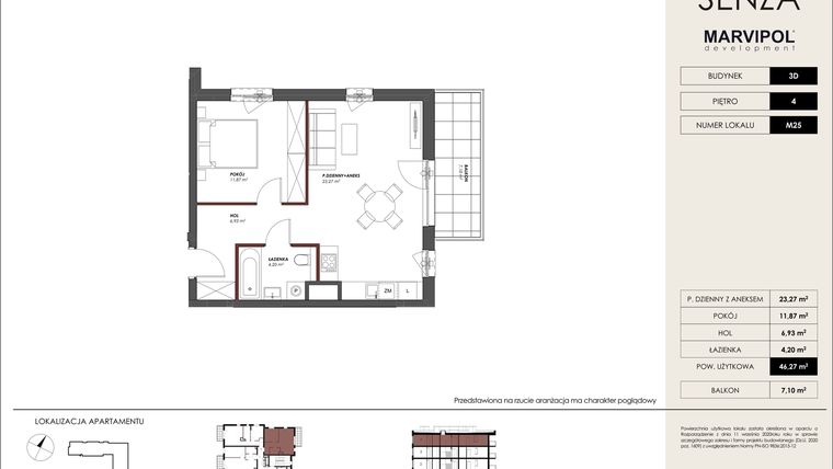 Rzut - Mieszkanie na sprzedaż 2 pokoje o powierzchni 46,27 m² - numer D.M25 w Osiedle Senza