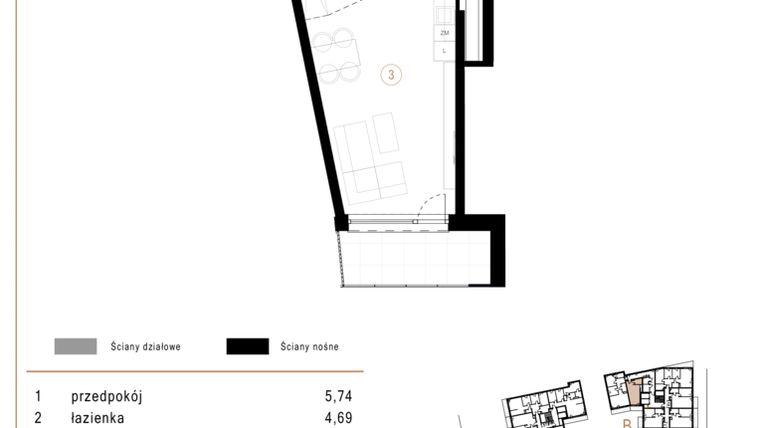 Rzut - Mieszkanie na sprzedaż 1 pokój o powierzchni 33,4 m² - numer B43 w Osiedle Józefowska