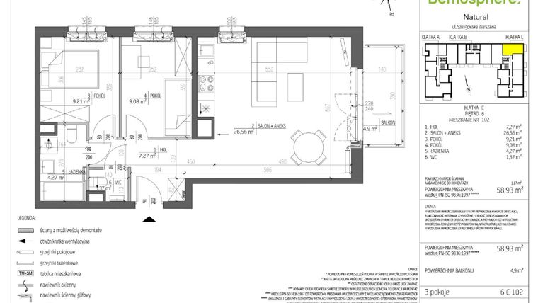 Rzut - Mieszkanie na sprzedaż 3 pokoje o powierzchni 58,93 m² - numer 6.C.102 w Bemosphere.