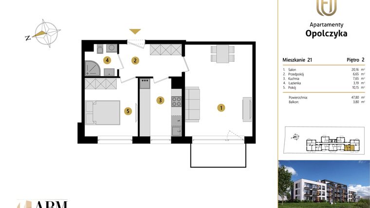 Rzut - Mieszkanie na sprzedaż 2 pokoje o powierzchni 47,8 m² - numer M21 w Apartamenty Opolczyka