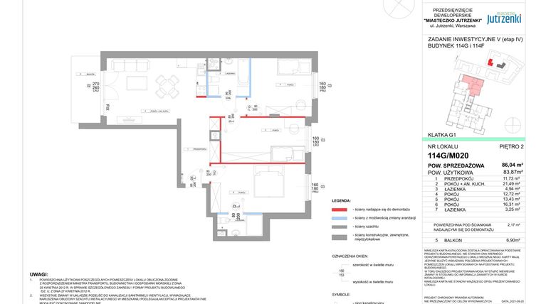 Rzut - Mieszkanie na sprzedaż 4 pokoje o powierzchni 86,04 m² - numer 114G/M020 w Miasteczko Jutrzenki etap IV
