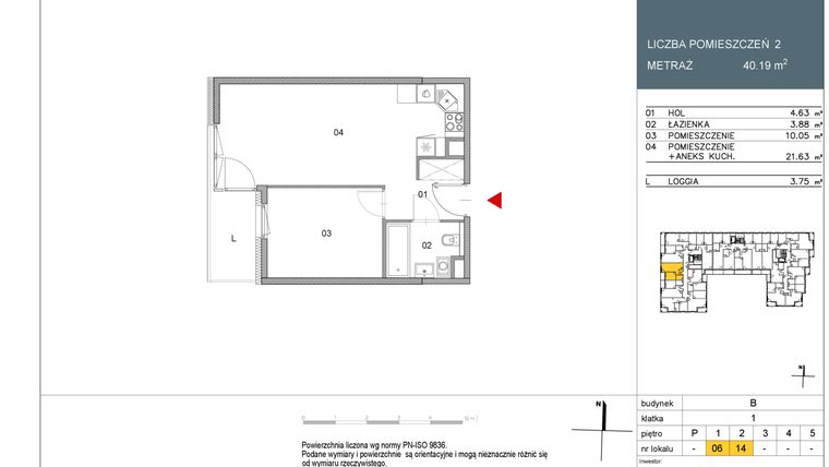 Rzut - Mieszkanie na sprzedaż 2 pokoje o powierzchni 40,19 m² - numer 14 w Morwowa 3 - Apartamenty Inwestycyjne
