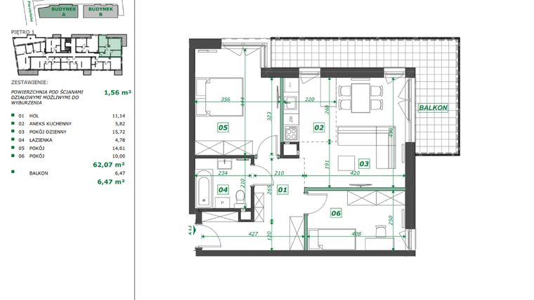 Rzut - Mieszkanie na sprzedaż 3 pokoje o powierzchni 62,42 m² - numer A.1.2 w Apartamenty Pszczyńska