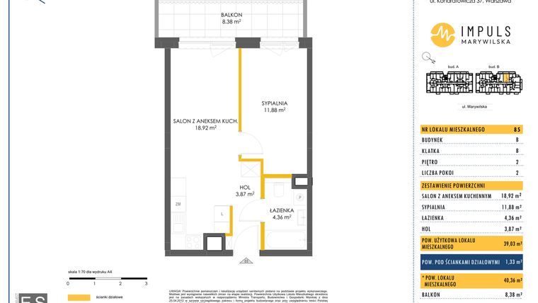 Rzut - Mieszkanie na sprzedaż 2 pokoje o powierzchni 40,36 m² - numer B/85 w Impuls Marywilska