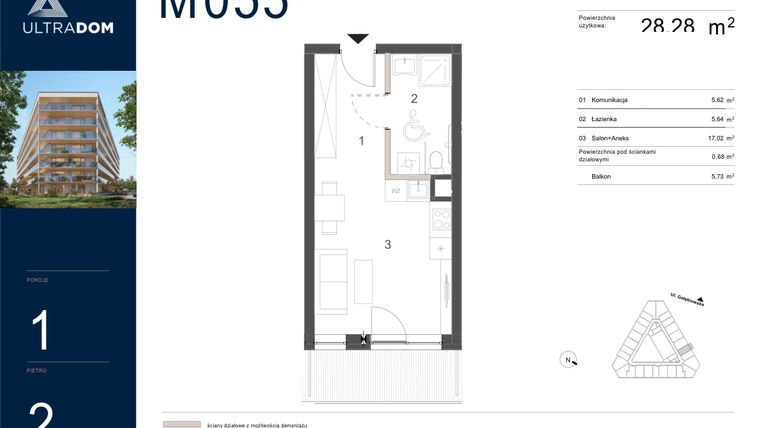 Rzut - Mieszkanie na sprzedaż 1 pokój o powierzchni 28,96 m² - numer M055 w Ultradom