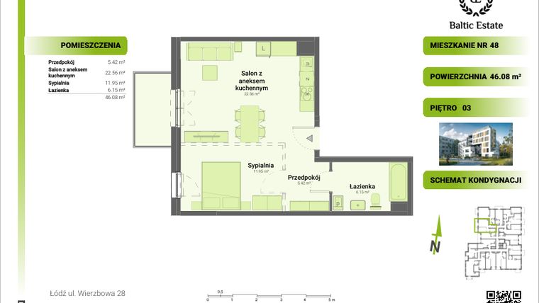 Rzut - Mieszkanie na sprzedaż 2 pokoje o powierzchni 46,08 m² - numer 03.M.48 w Dom Architekta
