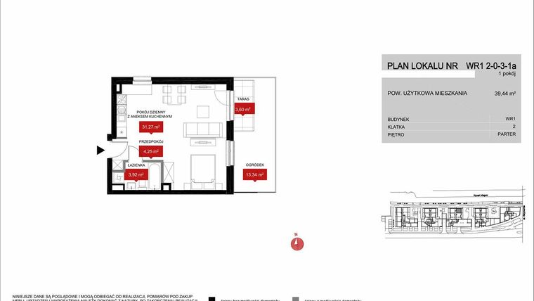Rzut - Mieszkanie na sprzedaż 1 pokój o powierzchni 39,43 m² - numer WR1 2/0/3/1a w Przystań Reymonta