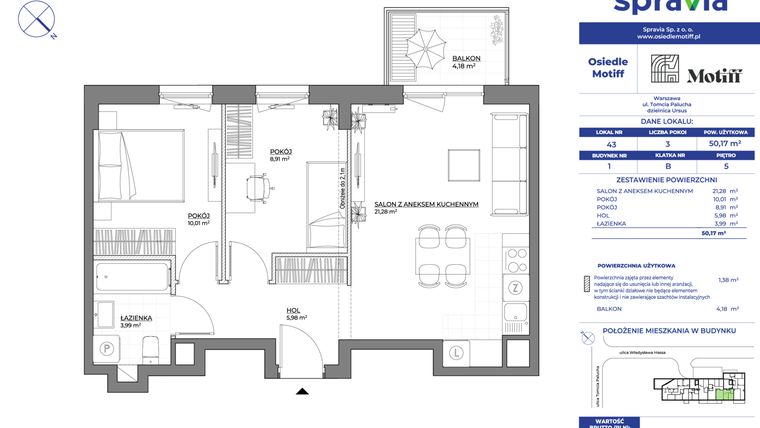 Rzut - Mieszkanie na sprzedaż 3 pokoje o powierzchni 50,17 m² - numer 1/43 w Osiedle Motiff