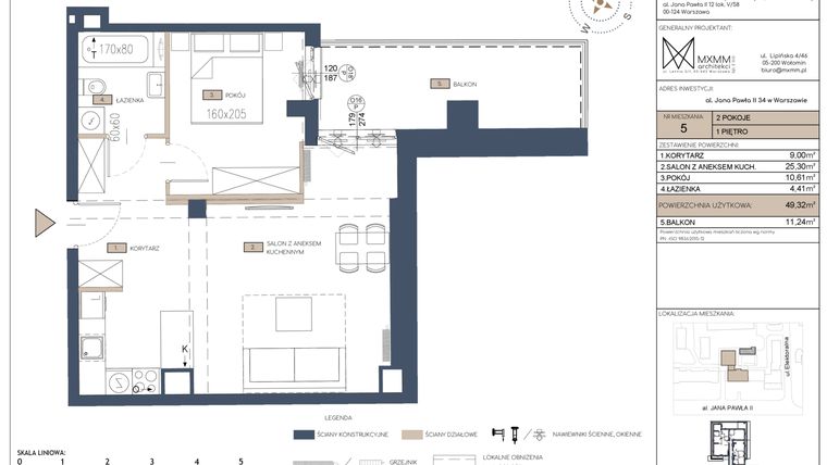 Rzut - Mieszkanie na sprzedaż 2 pokoje o powierzchni 49,32 m² - numer 5 w Apartamenty Jana Pawła 34