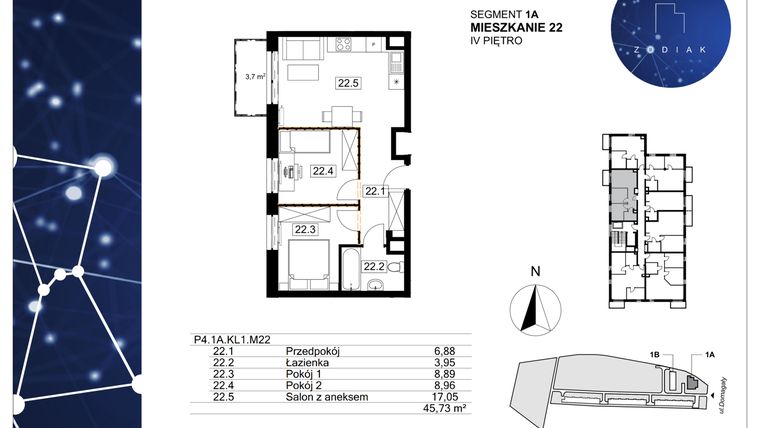 Rzut - Mieszkanie na sprzedaż 3 pokoje o powierzchni 45,73 m² - numer 39/22 w Zodiak