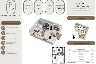 Rzut - Mieszkanie na sprzedaż 3 pokoje o powierzchni 74,74 m² - numer C7 w Perła Północy etap 1