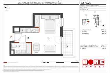 Rzut - Mieszkanie na sprzedaż 1 pokój o powierzchni 27,56 m² - numer B2-A022 w Warszawski Świt etap IX