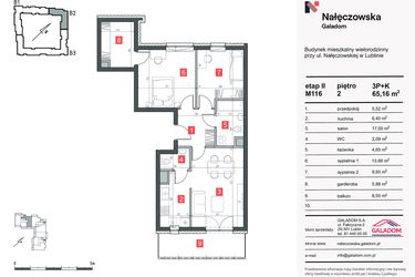 Rzut - Mieszkanie na sprzedaż 3 pokoje o powierzchni 65,16 m² - numer M-116 w Nałęczowska etap II