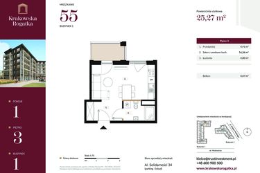 Rzut - Mieszkanie na sprzedaż 1 pokój o powierzchni 25,27 m² - numer 1.M55 w Krakowska Rogatka