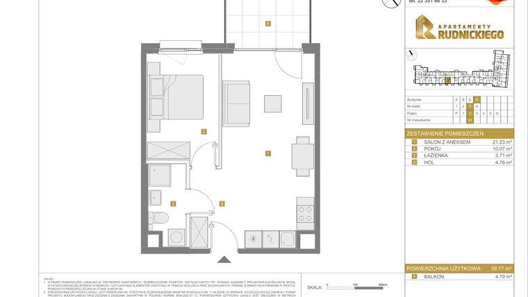 Rzut - Mieszkanie na sprzedaż 2 pokoje o powierzchni 39,77 m² - numer D.93 w Apartamenty Rudnickiego