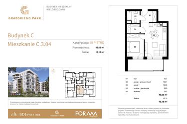 Rzut - Mieszkanie na sprzedaż 2 pokoje o powierzchni 40,66 m² - numer C.3.04 w Grabskiego Park