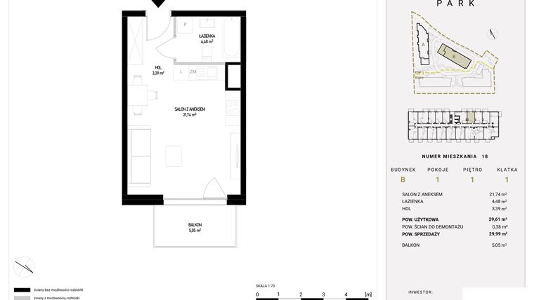 Rzut - Mieszkanie na sprzedaż 1 pokój o powierzchni 29,99 m² - numer B1.18 w Witosa Park