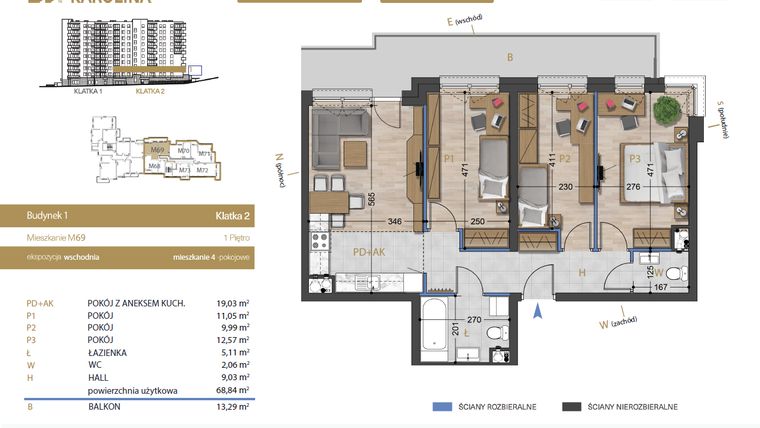 Rzut - Mieszkanie na sprzedaż 4 pokoje o powierzchni 68,84 m² - numer 69 w Osiedle Dakar Karolina