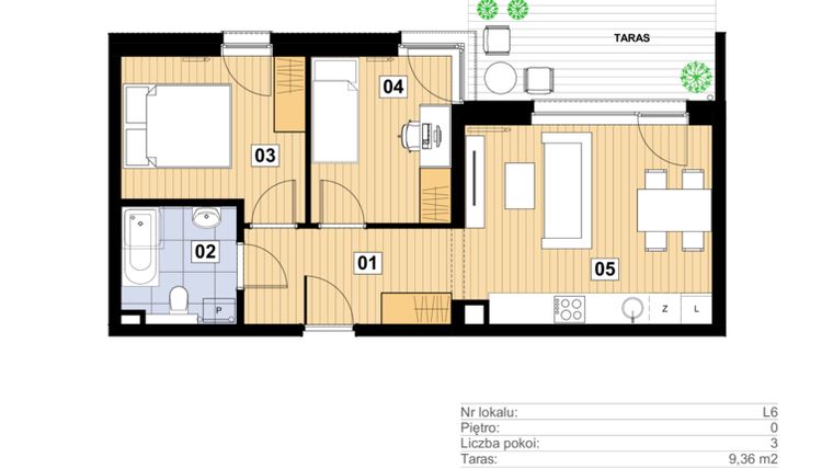 Rzut - Mieszkanie na sprzedaż 3 pokoje o powierzchni 47,57 m² - numer L-6 w Mickiewicza 21 Residence