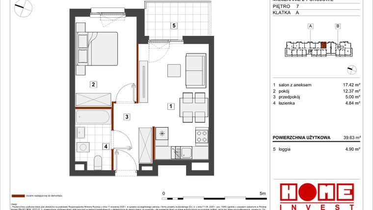 Rzut - Mieszkanie na sprzedaż 2 pokoje o powierzchni 39,63 m² - numer A-A106 w Warszawski Świt etap VII