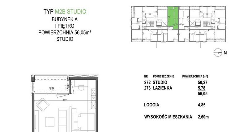 Rzut - Mieszkanie na sprzedaż 1 pokój o powierzchni 56,05 m² - numer M2B.P2 w Apartamenty Żorska