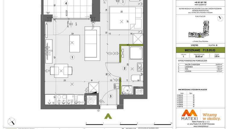 Rzut - Mieszkanie na sprzedaż 1 pokój o powierzchni 29,45 m² - numer F1.B.05.03 w XYZ Place