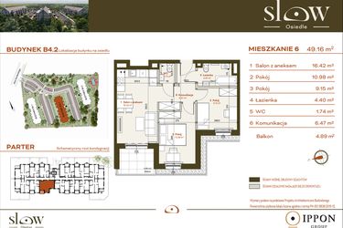 Rzut - Mieszkanie na sprzedaż 3 pokoje o powierzchni 49,16 m² - numer B4.2.6 w Osiedle SLOW