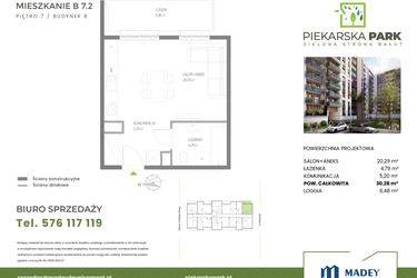 Rzut - Mieszkanie na sprzedaż 1 pokój o powierzchni 30,28 m² - numer B7.2 w Piekarska Park