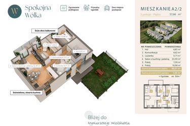 Rzut - Mieszkanie na sprzedaż 3 pokoje o powierzchni 57,66 m² - numer A2/2 w Spokojna Wólka etap IV
