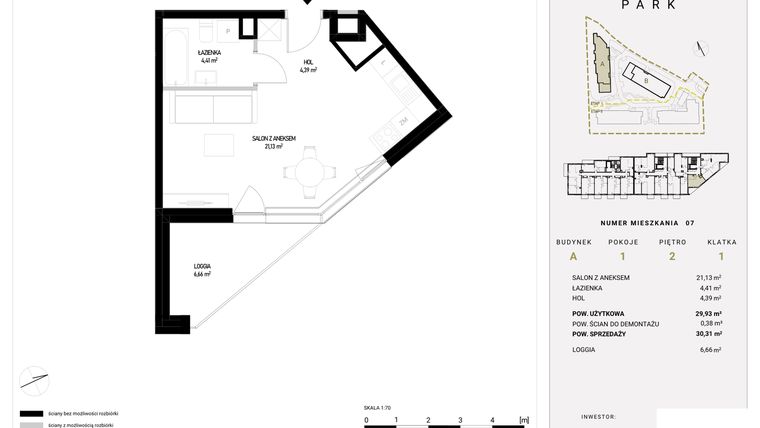 Rzut - Mieszkanie na sprzedaż 1 pokój o powierzchni 30,31 m² - numer A1.7 w Witosa Park