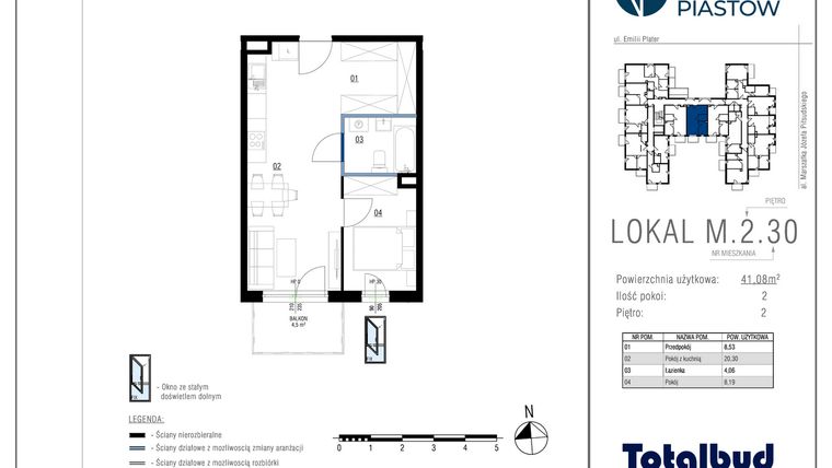 Rzut - Mieszkanie na sprzedaż 2 pokoje o powierzchni 41,08 m² - numer M.2.30 w Viva Piastów