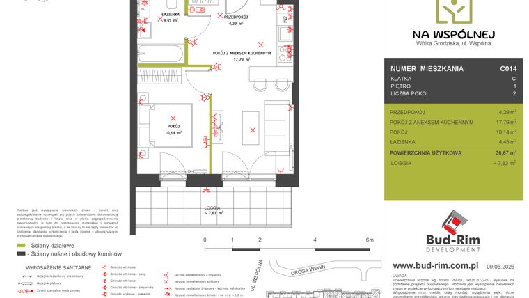 Rzut - Mieszkanie na sprzedaż 2 pokoje o powierzchni 36,67 m² - numer C14 w Na Wspólnej etap 2