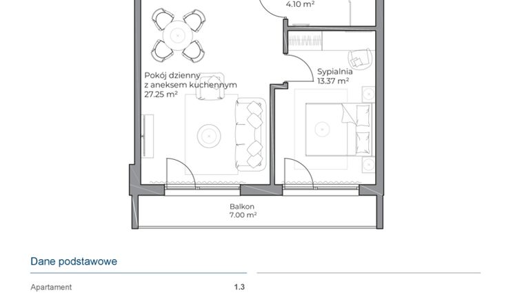 Rzut - Mieszkanie na sprzedaż 2 pokoje o powierzchni 44,78 m² - numer B.1.3 w Anchoria Holiday