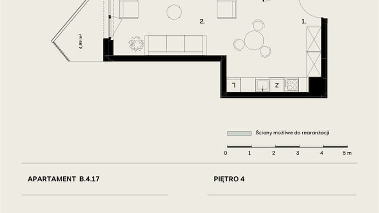 Rzut - Mieszkanie na sprzedaż 1 pokój o powierzchni 36,69 m² - numer B/4/17 w Ogrodowa 12