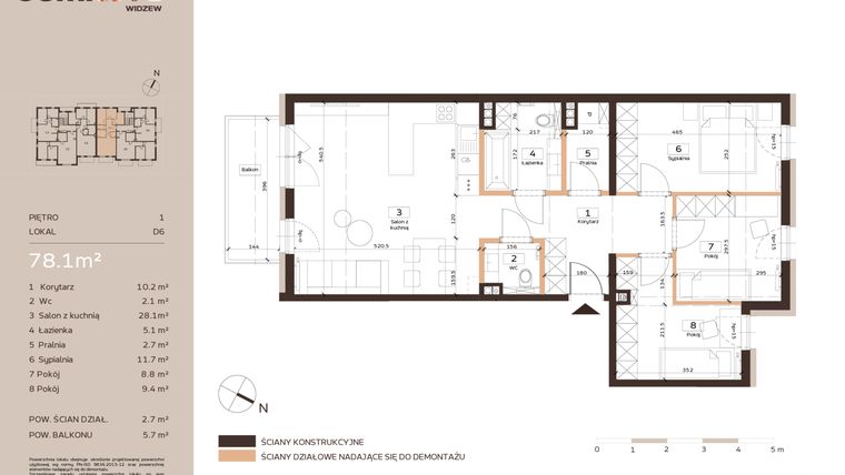 Rzut - Mieszkanie na sprzedaż 4 pokoje o powierzchni 78,1 m² - numer D6 w Domkove Widzew