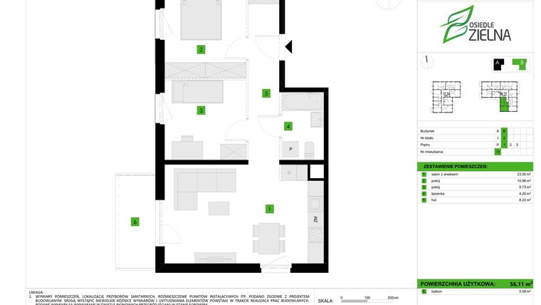 Rzut - Mieszkanie na sprzedaż 3 pokoje o powierzchni 56,11 m² - numer B13 w Osiedle Zielna IV faza 2