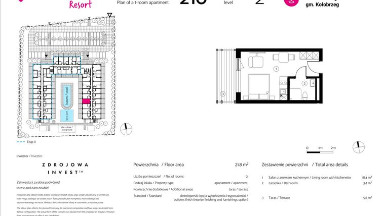 Rzut - Mieszkanie na sprzedaż 1 pokój o powierzchni 21,8 m² - numer 210 w VacationClub Resort