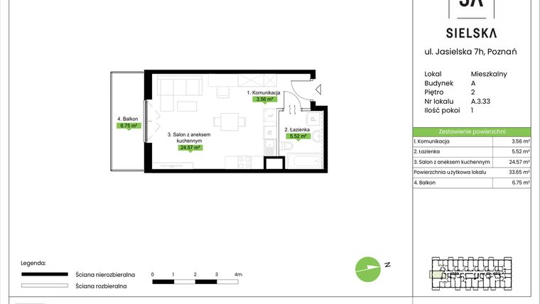 Rzut - Mieszkanie na sprzedaż 1 pokój o powierzchni 33,65 m² - numer A.3.33 w JA_SIELSKA V