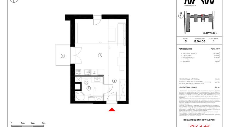 Rzut - Mieszkanie na sprzedaż 1 pokój o powierzchni 35,14 m² - numer E.04.06 w NOW