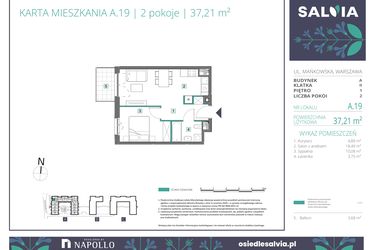 Rzut - Mieszkanie na sprzedaż 2 pokoje o powierzchni 37,21 m² - numer A.19 w Osiedle Salvia