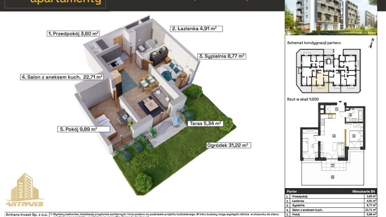 Rzut - Mieszkanie na sprzedaż 3 pokoje o powierzchni 50,71 m² - numer B4 w Osiedle Wełnowe Apartamenty