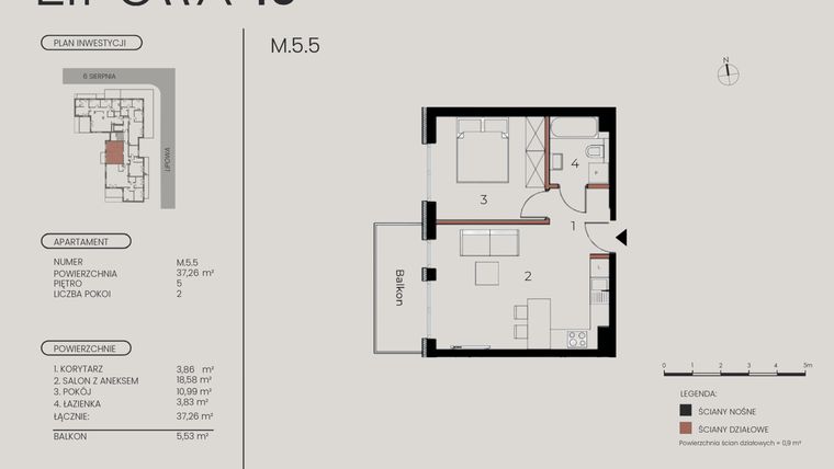 Rzut - Mieszkanie na sprzedaż 2 pokoje o powierzchni 37,26 m² - numer M.5.5 w Lipowa 43