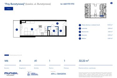 Rzut - Mieszkanie na sprzedaż 1 pokój o powierzchni 32,22 m² - numer 6A w Przy Bursztynowej
