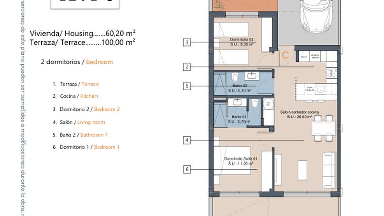 Rzut - Mieszkanie na sprzedaż 2 pokoje o powierzchni 60,2 m² - numer 2.0.C w LA Sunrise - Los Alcázares