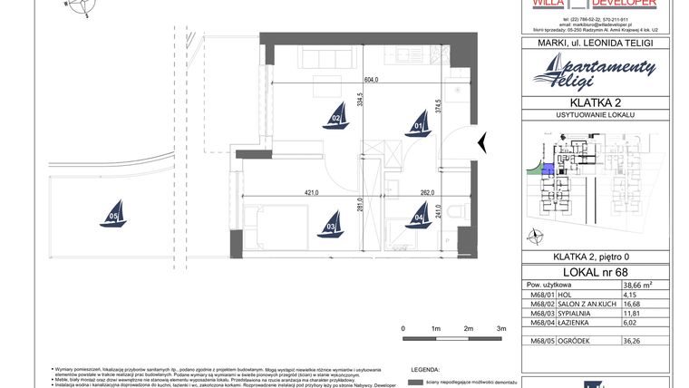 Rzut - Mieszkanie na sprzedaż 2 pokoje o powierzchni 38,66 m² - numer 68 w Apartamenty Teligi