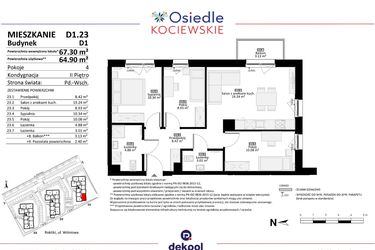 Rzut - Mieszkanie na sprzedaż 4 pokoje o powierzchni 64,9 m² - numer D1.23 w Osiedle Kociewskie etap III