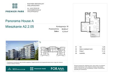 Rzut - Mieszkanie na sprzedaż 2 pokoje o powierzchni 39,69 m² - numer A2.2.05 w Premier Park II