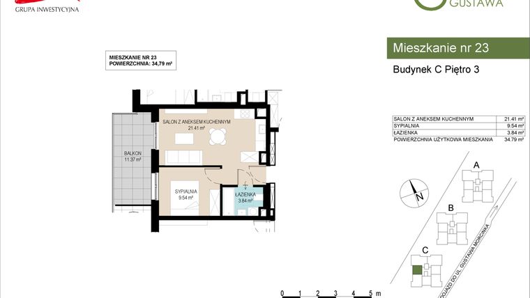 Rzut - Mieszkanie na sprzedaż 2 pokoje o powierzchni 34,79 m² - numer C23 w Wzgórze Gustawa