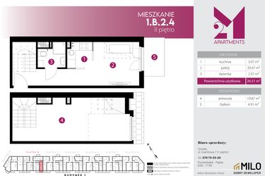 Rzut - Mieszkanie na sprzedaż 2 pokoje o powierzchni 45,77 m² - numer 1.B.2.4 w Maślice Wrocław Milo Dobry Deweloper etap IV