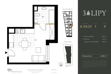 Rzut - Mieszkanie na sprzedaż 1 pokój o powierzchni 23,98 m² - numer A.04.01 w 3 lipy